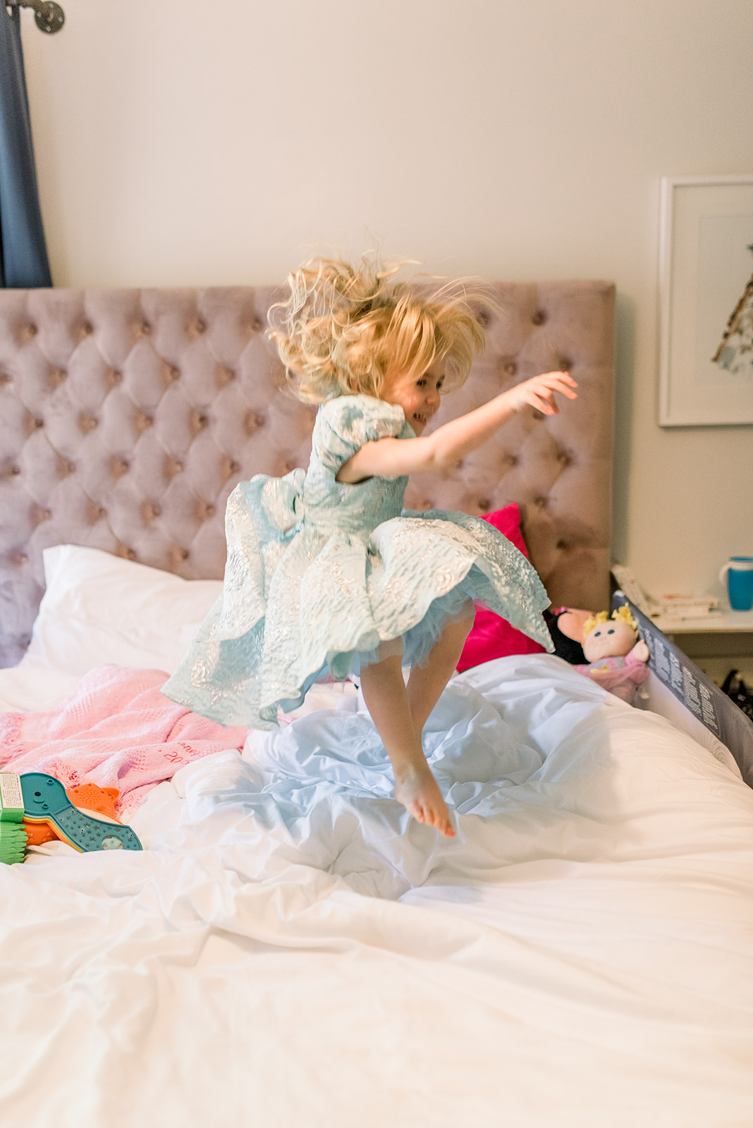 David-Charles-Special-Occasion-Dress-Turning-3-Jumping-on-Bed Happy 3rd Birthday, Reegy Roo.