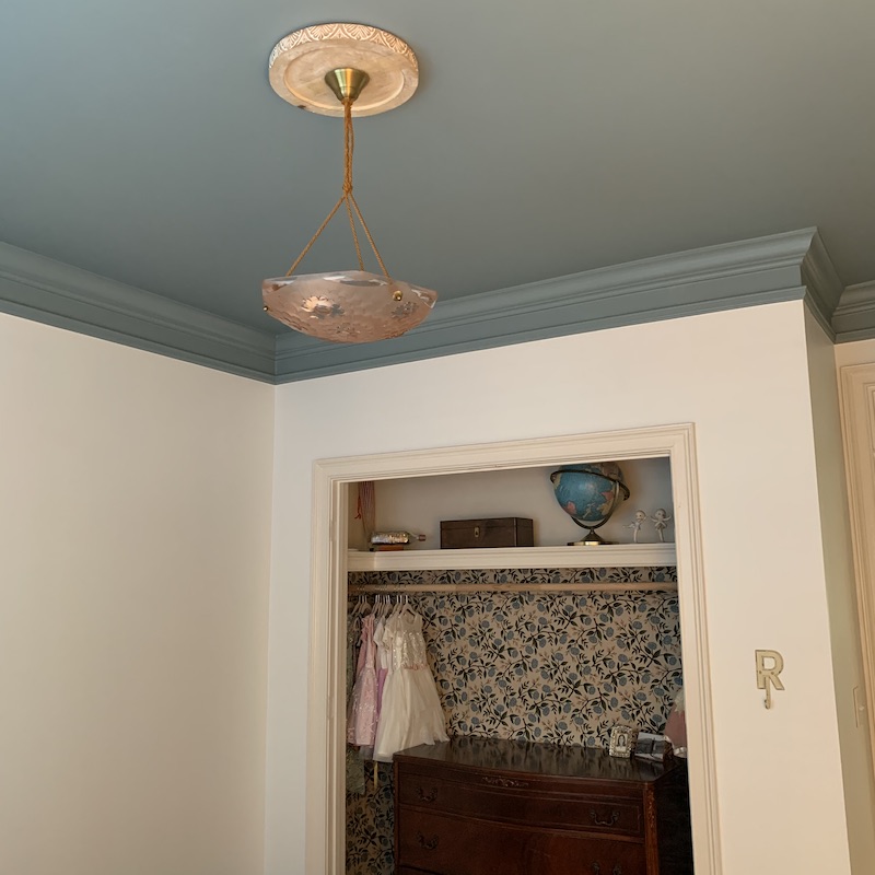 Ceiling-Medallion-DIY-Oval-Room-Blue-English-French-Girls-Room-Floral-Wallpaper-Removal-1 Gorgeous Wood Ceiling Medallion | Easy DIY Tutorial | Under $30!
