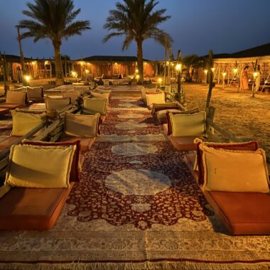 Luxury camp seating setup during a Dubai evening desert safari with Platinum Heritage