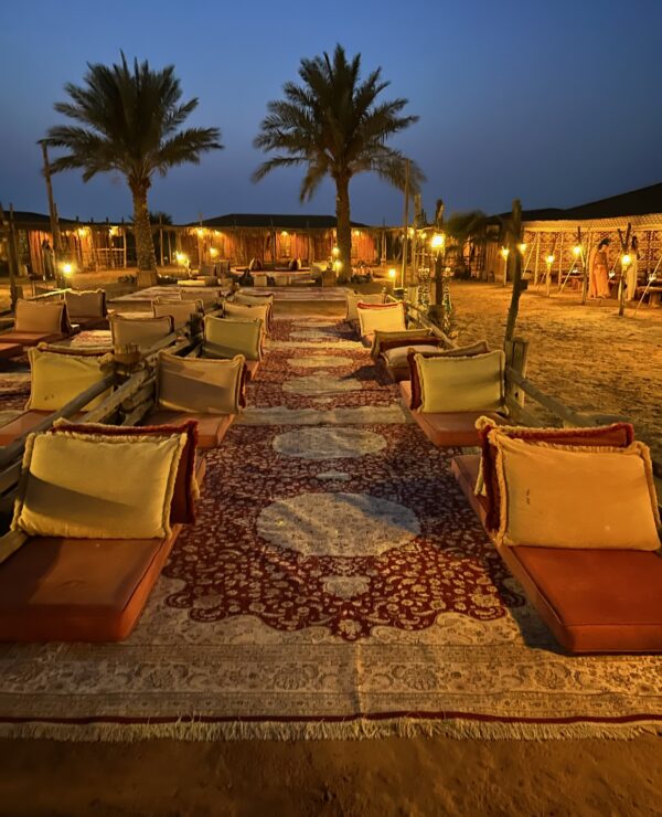 Luxury camp seating setup during a Dubai evening desert safari with Platinum Heritage
